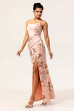 Blush Strapless Floral Maxi Satin Wedding Guest Dress with Slit