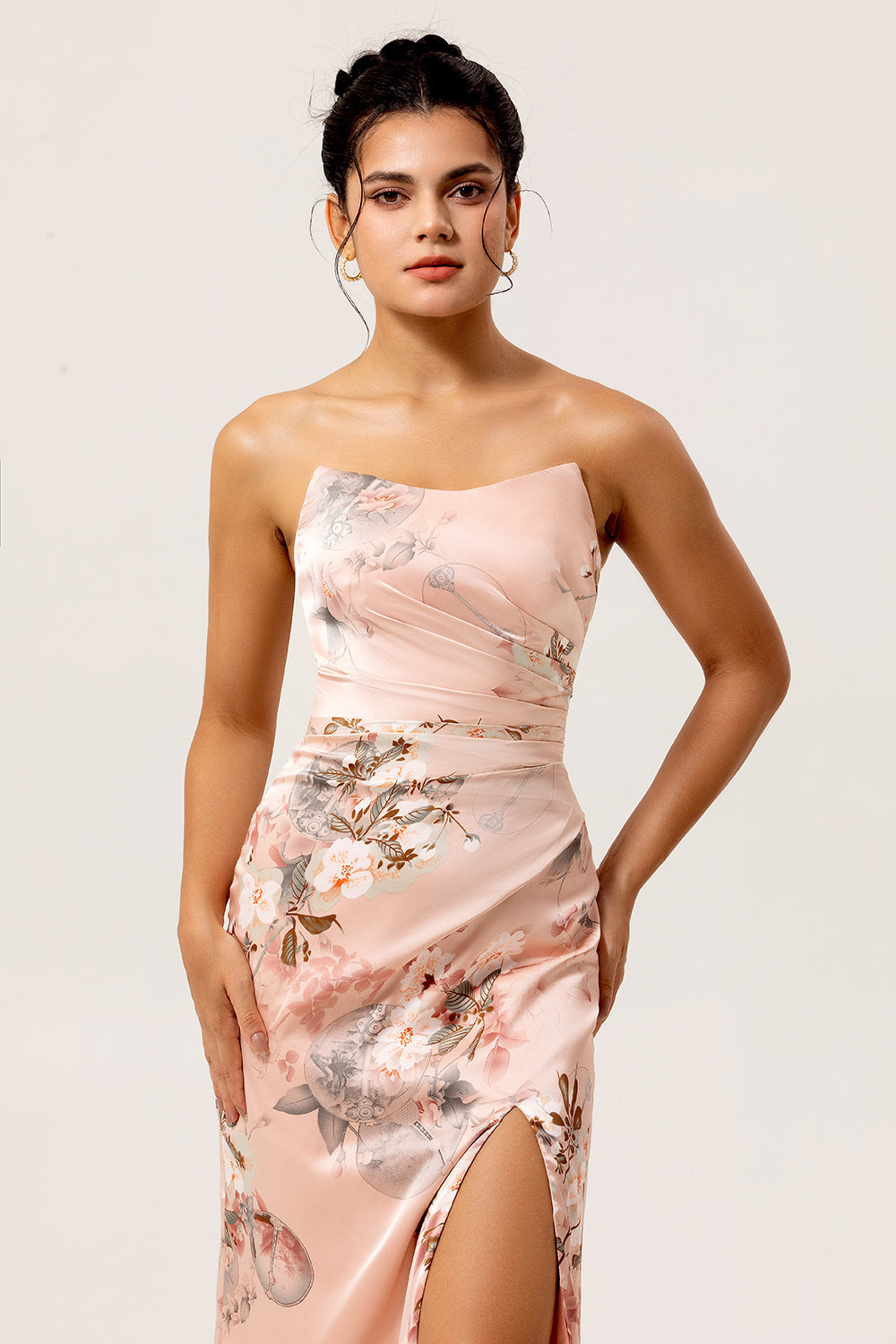 Blush Strapless Floral Maxi Satin Wedding Guest Dress with Slit