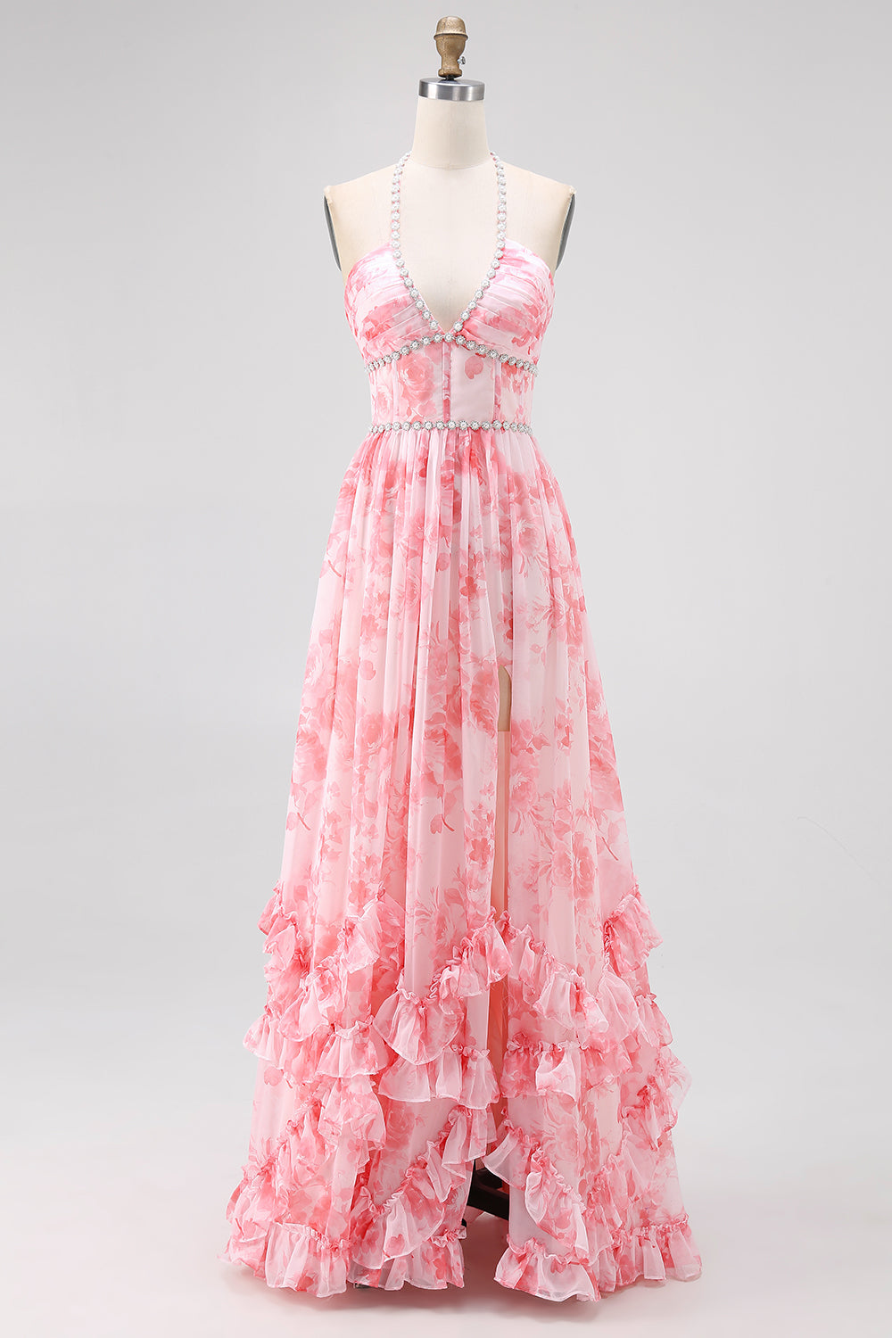 Blush Corset Floral Ruffled Halter Pearls Long Bridesmaid Dress with Slit