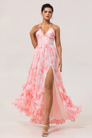 Blush Corset Floral Ruffled Halter Pearls Long Bridesmaid Dress with Slit