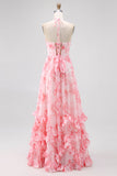 Blush Corset Floral Ruffled Halter Pearls Long Bridesmaid Dress with Slit