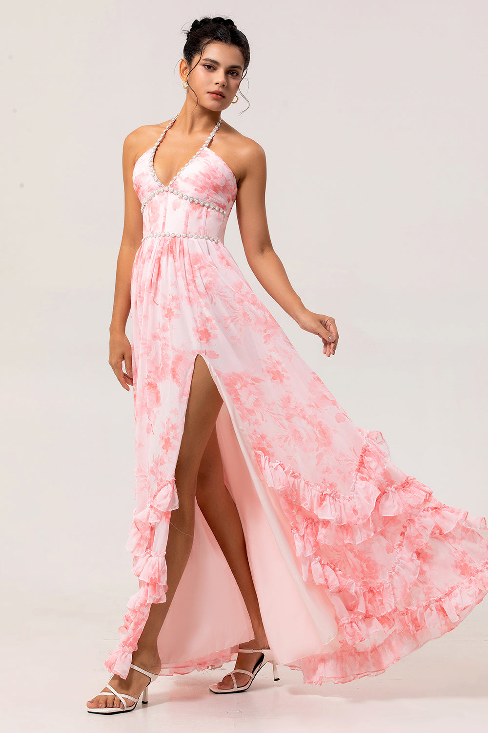 Blush Corset Floral Ruffled Halter Pearls Long Bridesmaid Dress with Slit