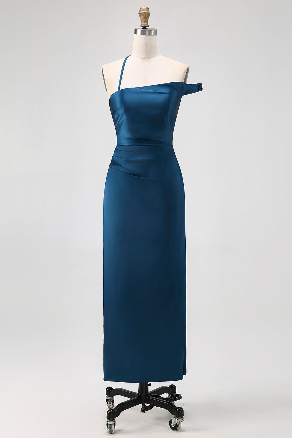 Ink Blue Satin One Shoulder Sheath Long Bridesmaid Dress
