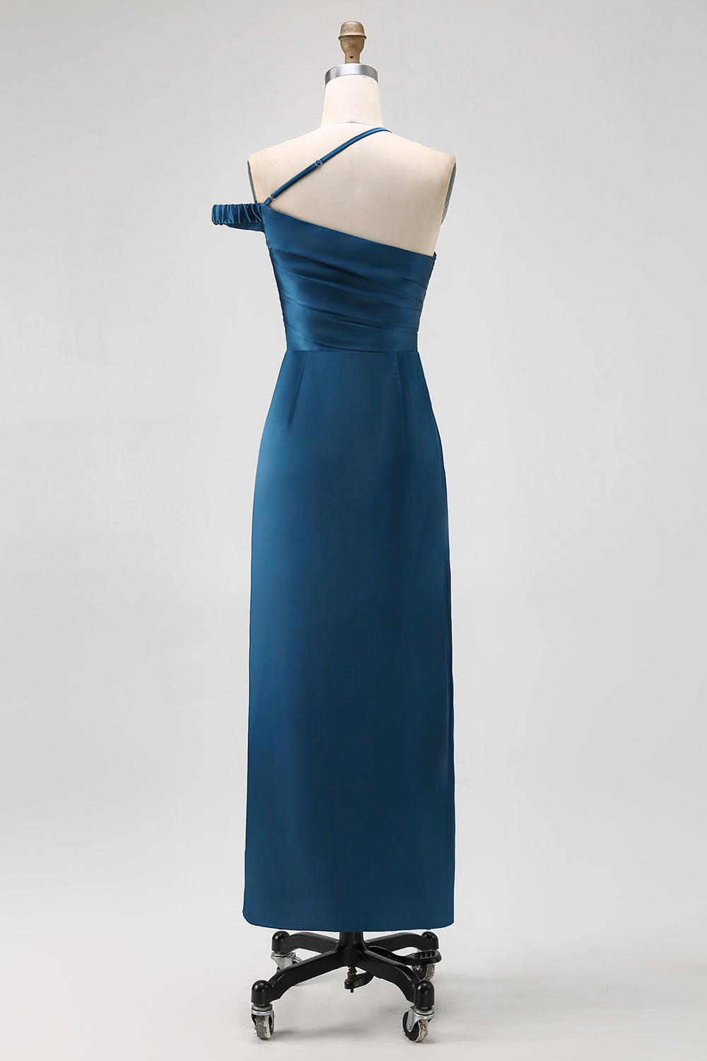 Ink Blue Satin One Shoulder Sheath Long Bridesmaid Dress