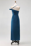 Ink Blue Satin One Shoulder Sheath Long Bridesmaid Dress