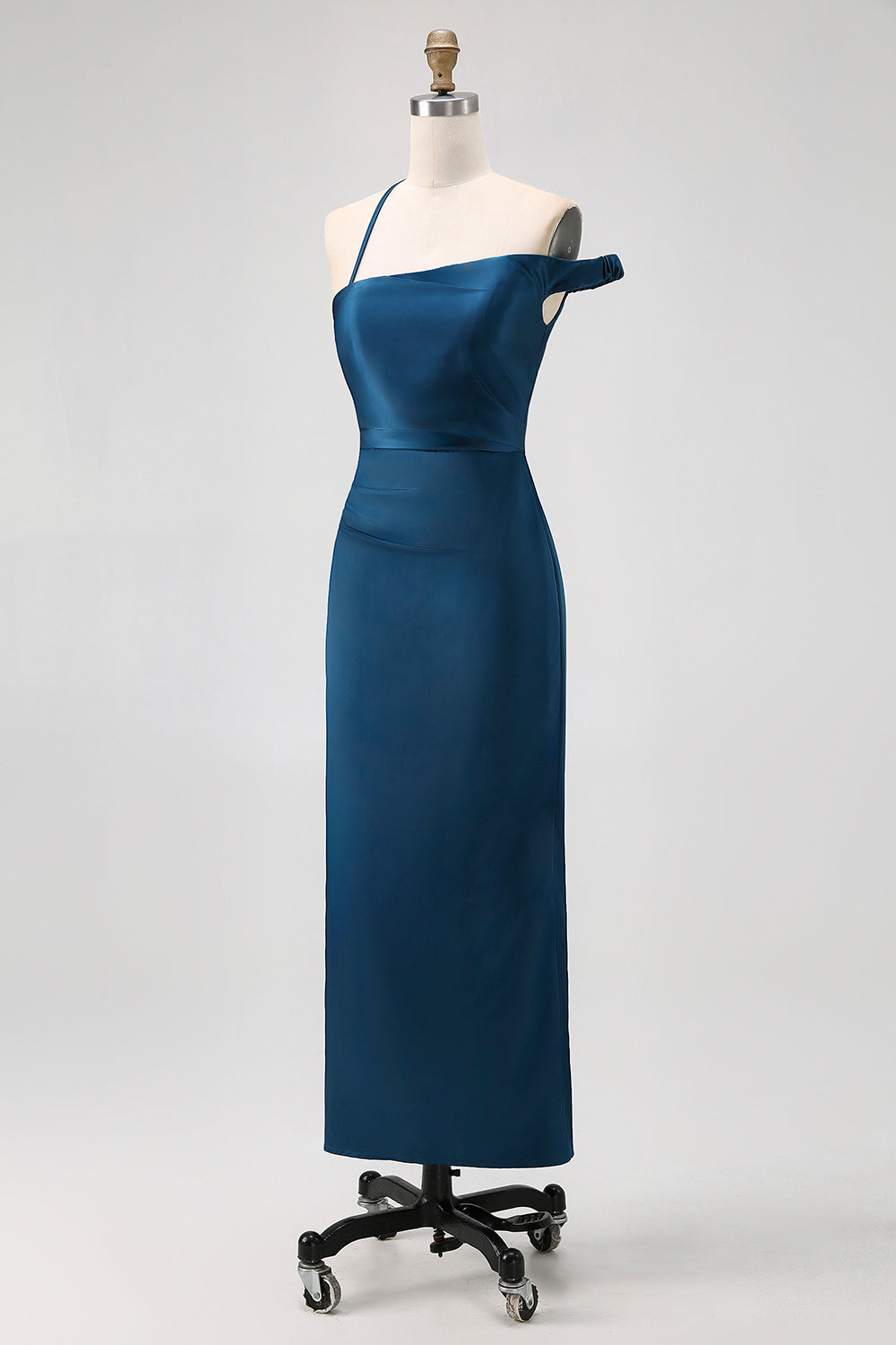 Ink Blue Satin One Shoulder Sheath Long Bridesmaid Dress