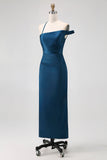 Ink Blue Satin One Shoulder Sheath Long Bridesmaid Dress