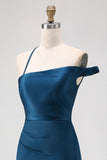 Ink Blue Satin One Shoulder Sheath Long Bridesmaid Dress
