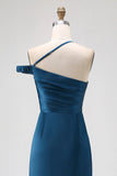 Ink Blue Satin One Shoulder Sheath Long Bridesmaid Dress