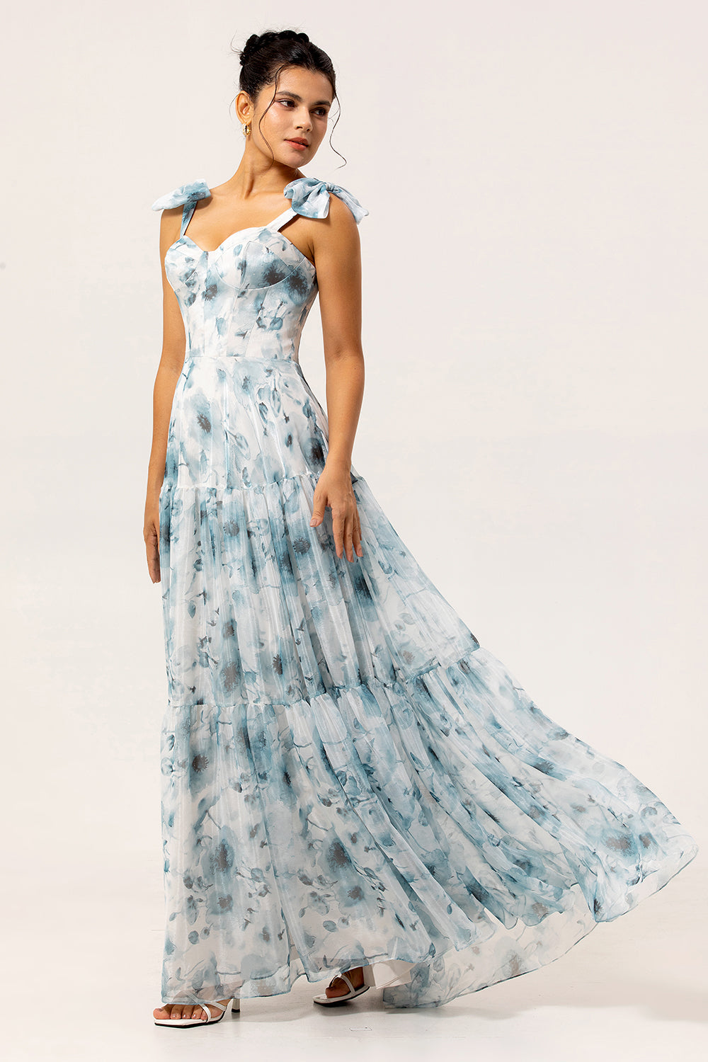 Blue Chiffon A Line Floral Long Bridesmaid Dress