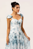 Blue Chiffon A Line Floral Long Bridesmaid Dress