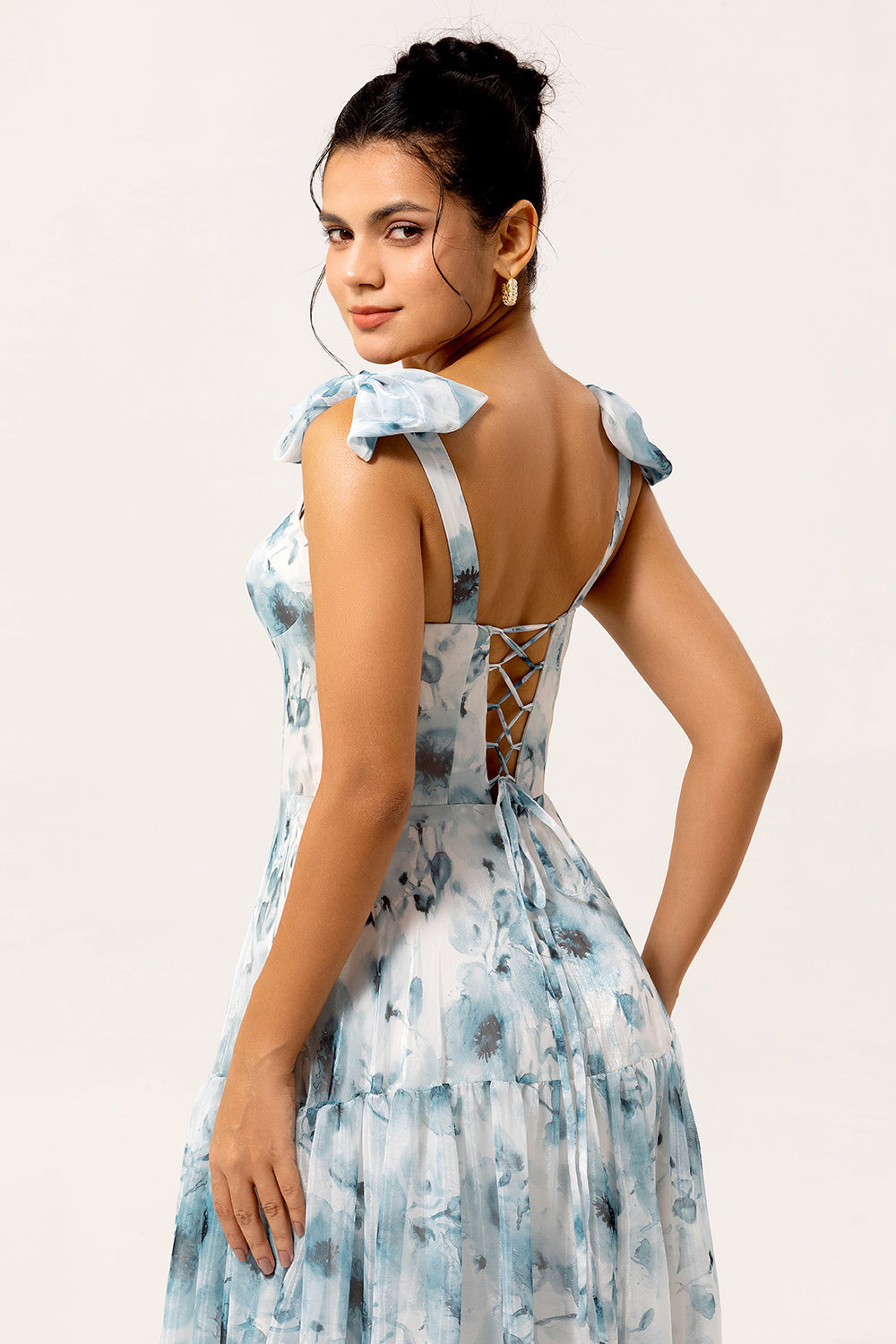 Blue Chiffon A Line Floral Long Bridesmaid Dress