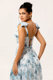 Blue Chiffon A Line Floral Long Bridesmaid Dress