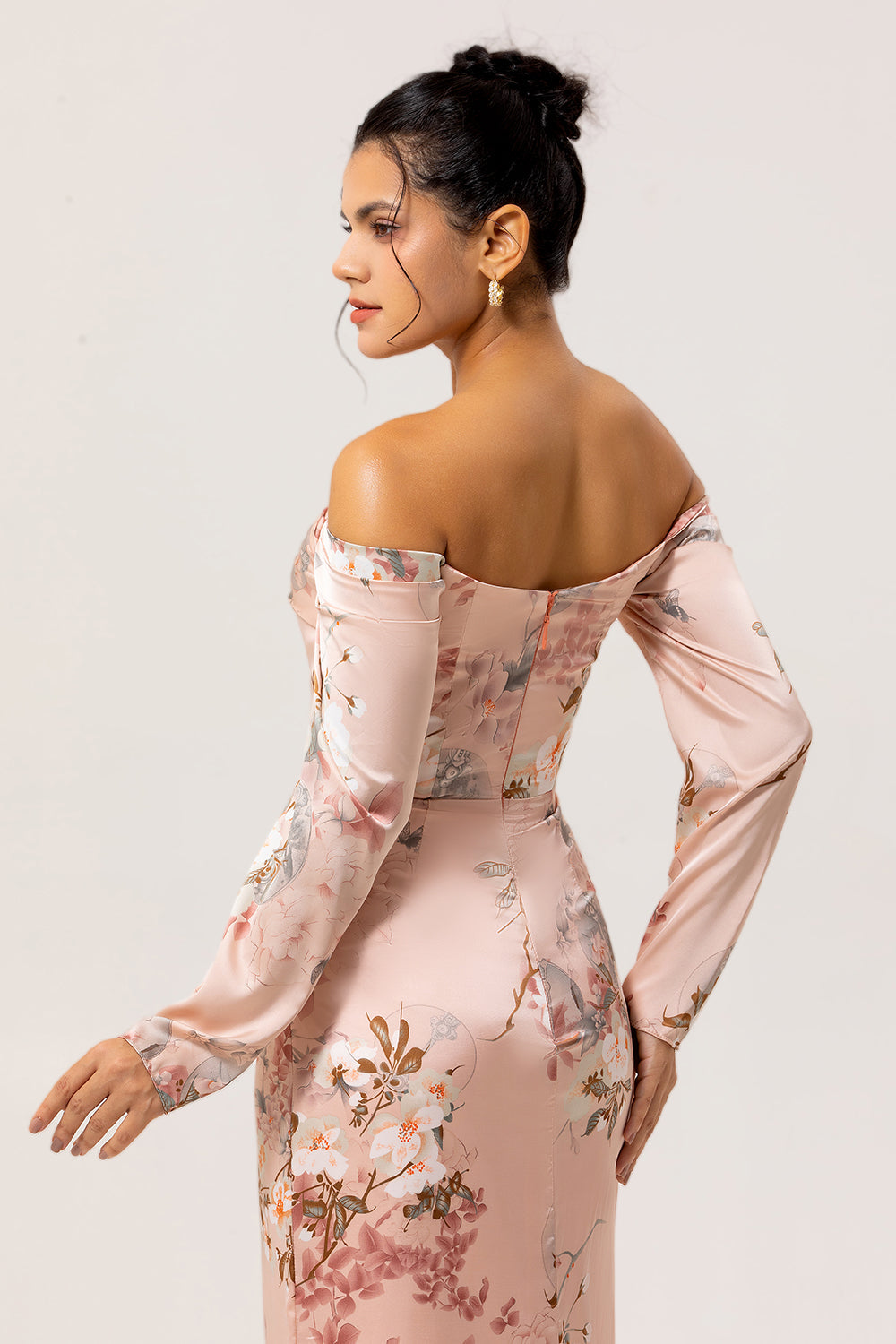 Blush Satin Floral Long Sleeves Bridesmaid Dress with Slit