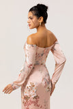 Blush Satin Floral Long Sleeves Bridesmaid Dress with Slit