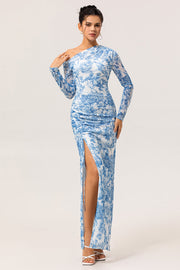 Blue Satin Floral One Shoulder Long Bridesmaid Dress with Slit