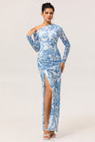 Blue Satin Floral One Shoulder Long Bridesmaid Dress with Slit