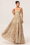 Yellow Chiffon Floral Spaghetti Straps Long Bridesmaid Dress with Slit