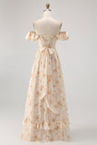 Champagne Floral Chiffon A-Line Corset Long Wedding Guest Dress with Ruffles