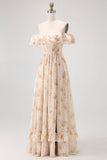 Champagne Floral Chiffon A-Line Corset Long Wedding Guest Dress with Ruffles