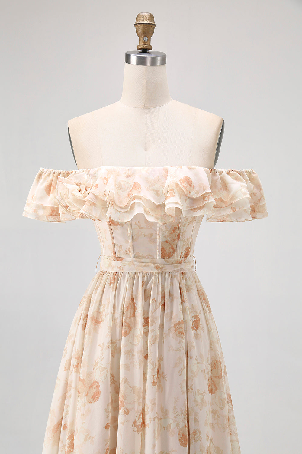 Champagne Floral Chiffon A-Line Corset Long Wedding Guest Dress with Ruffles