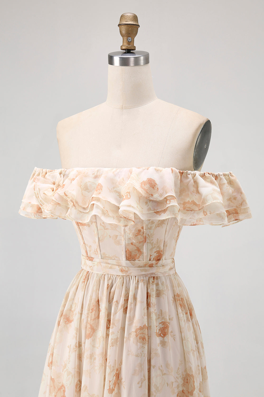 Champagne Floral Chiffon A-Line Corset Long Wedding Guest Dress with Ruffles