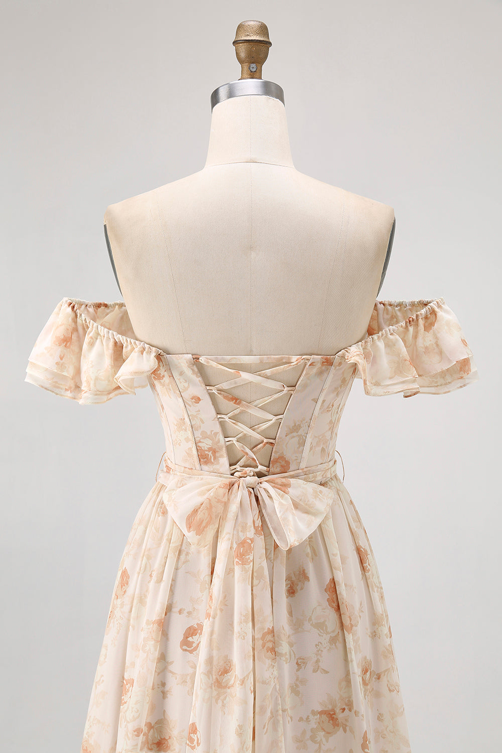 Champagne Floral Chiffon A-Line Corset Long Wedding Guest Dress with Ruffles