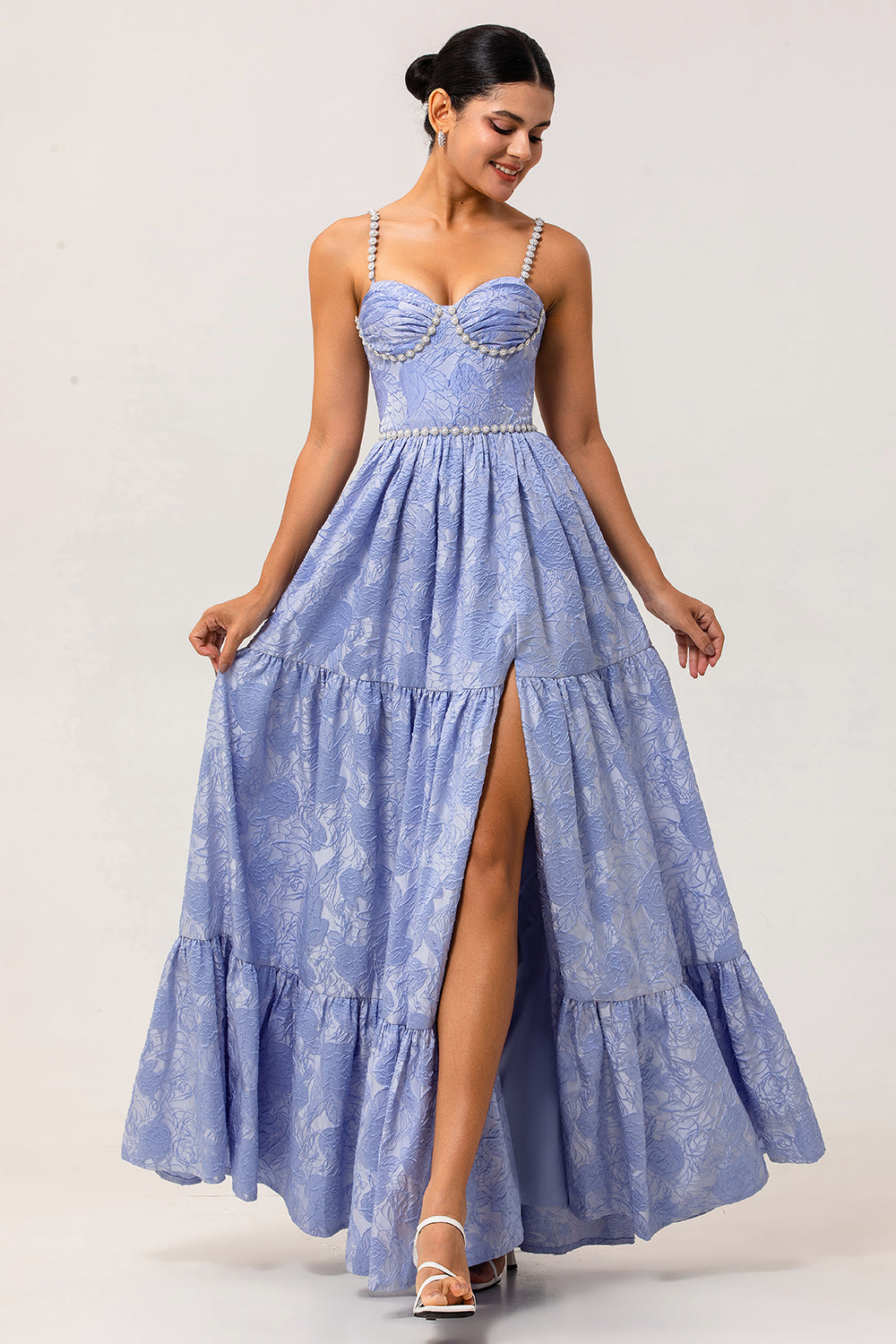 Blue Floral A Line Jacquard Long Bridesmaid Dress with Slit