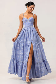 Blue Floral A Line Jacquard Long Bridesmaid Dress with Slit