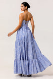 Blue Floral A Line Jacquard Long Bridesmaid Dress with Slit