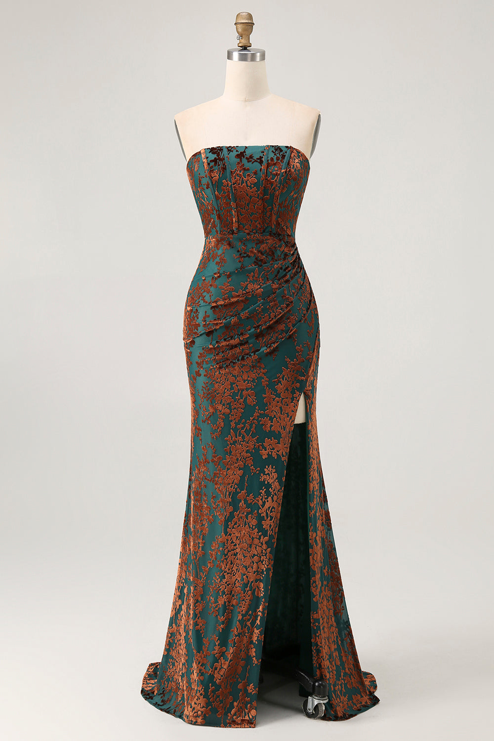 Leely Women Peacock Green Corset Long Velvet Bridesmaid Dress with Slit Sheath Strapless Wedding Guest Dress