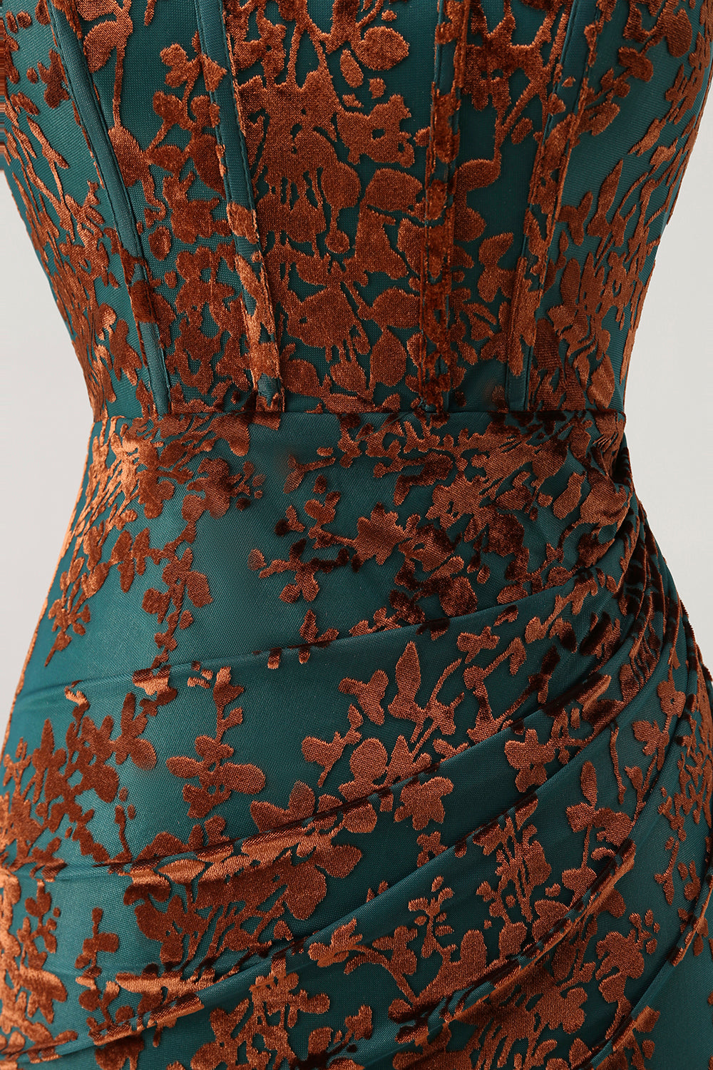 Peacock Green Corset Strapless Long Velvet Bridesmaid Dress with Slit