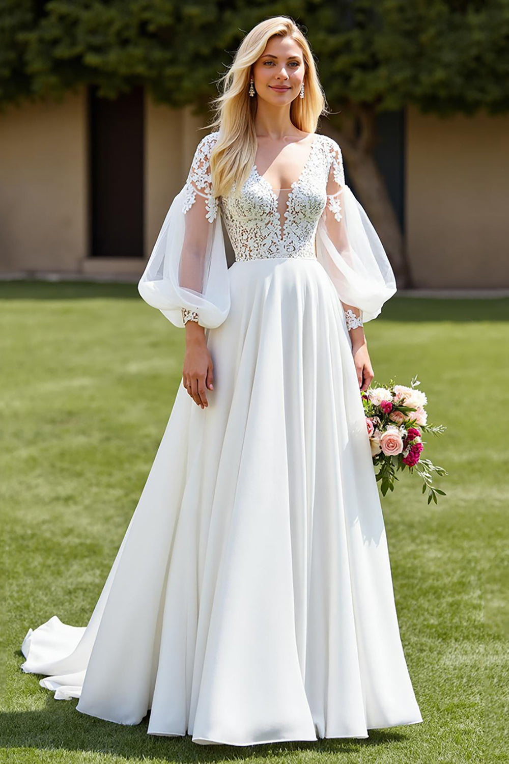 Ivory V Neck A Line Long Sleeves Sweep Train Wedding Dress with Lace