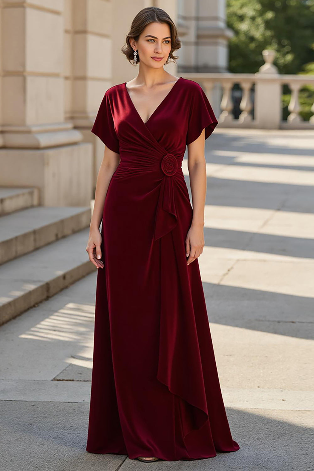 A Line Burgundy Satin V-Neck Ruched Maxi Mother of the Bride Dress