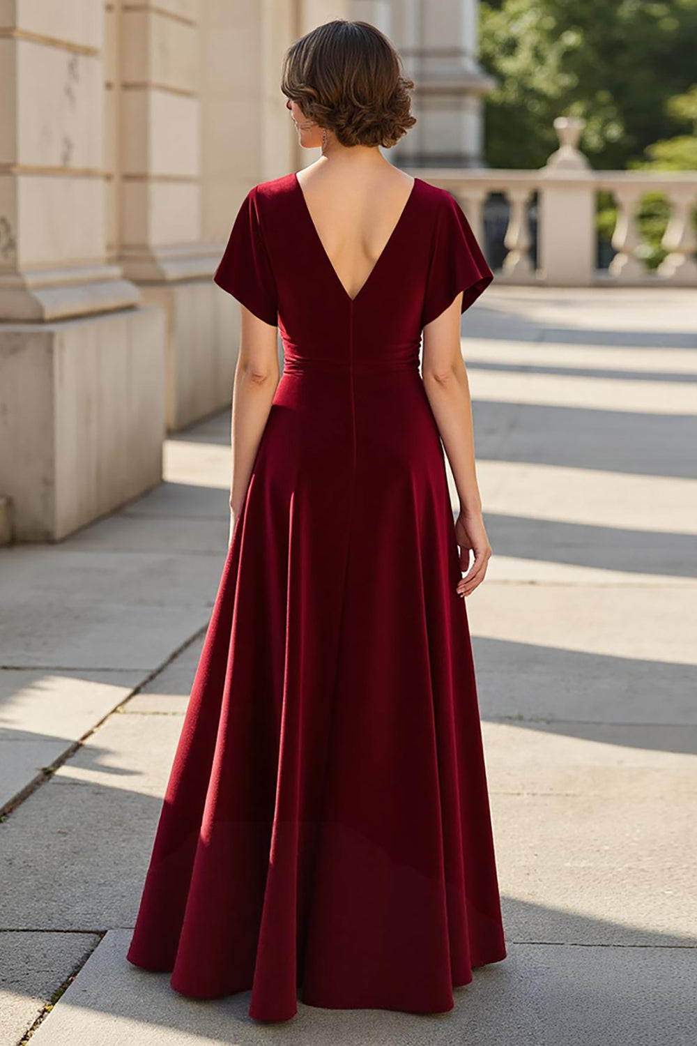 A Line Burgundy Satin V-Neck Ruched Maxi Mother of the Bride Dress
