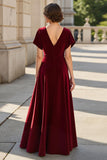 A Line Burgundy Satin V-Neck Ruched Maxi Mother of the Bride Dress