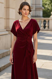 A Line Burgundy Satin V-Neck Ruched Maxi Mother of the Bride Dress