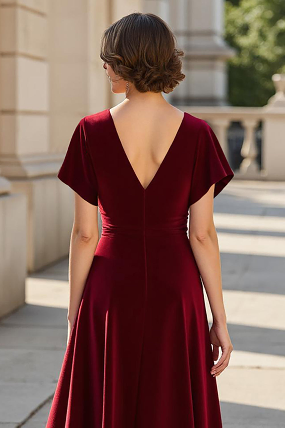 A Line Burgundy Satin V-Neck Ruched Maxi Mother of the Bride Dress