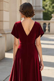 A Line Burgundy Satin V-Neck Ruched Maxi Mother of the Bride Dress