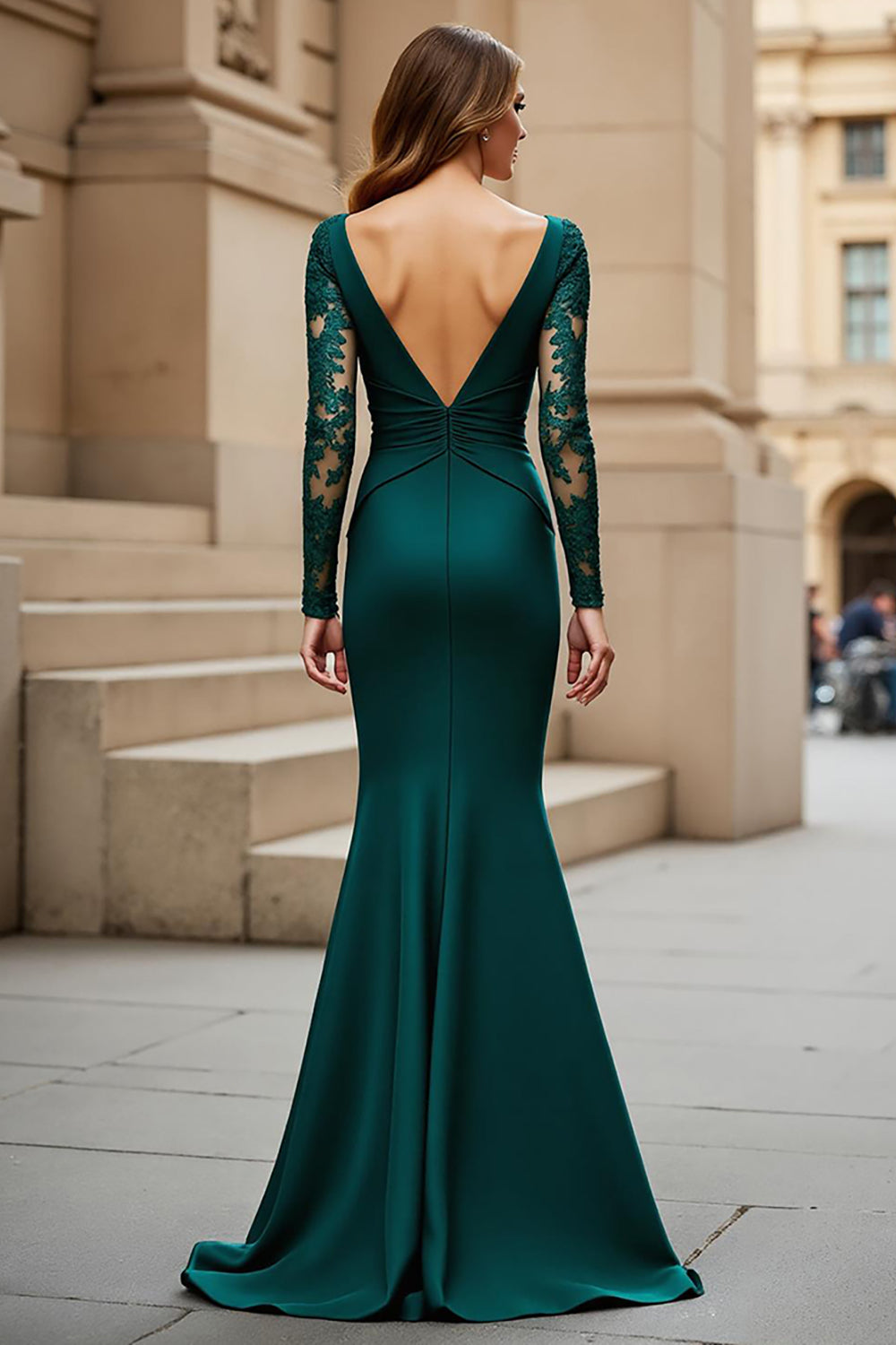 Mermaid Pine V-Neck Satin Ruched Long Sleeves Mother of the Bride Dress