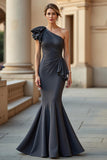 Steel Grey Mermaid One Shoulder Maxi Mother of the Bride Dress with Ruffles