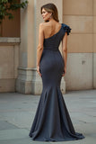 Steel Grey Mermaid One Shoulder Maxi Mother of the Bride Dress with Ruffles