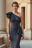 Steel Grey Mermaid One Shoulder Maxi Mother of the Bride Dress with Ruffles