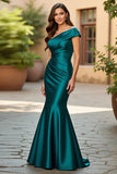 Peacock Green Satin Ruched One Shoulder Maxi Mother of the Bride Dress
