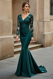 Pine Mermaid Satin V-Neck Maxi Mother of the Bride Dress with Appliques