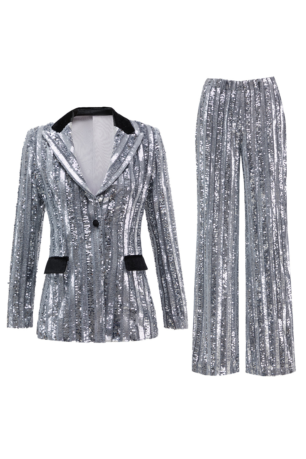 Sparkly Sequin Silver 2 Piece Peak Lapel Women Prom Suits