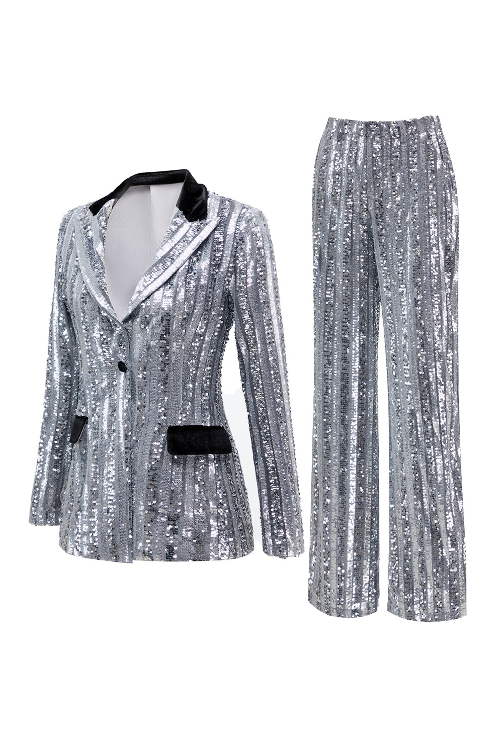 Sparkly Sequin Silver 2 Piece Peak Lapel Women Prom Suits