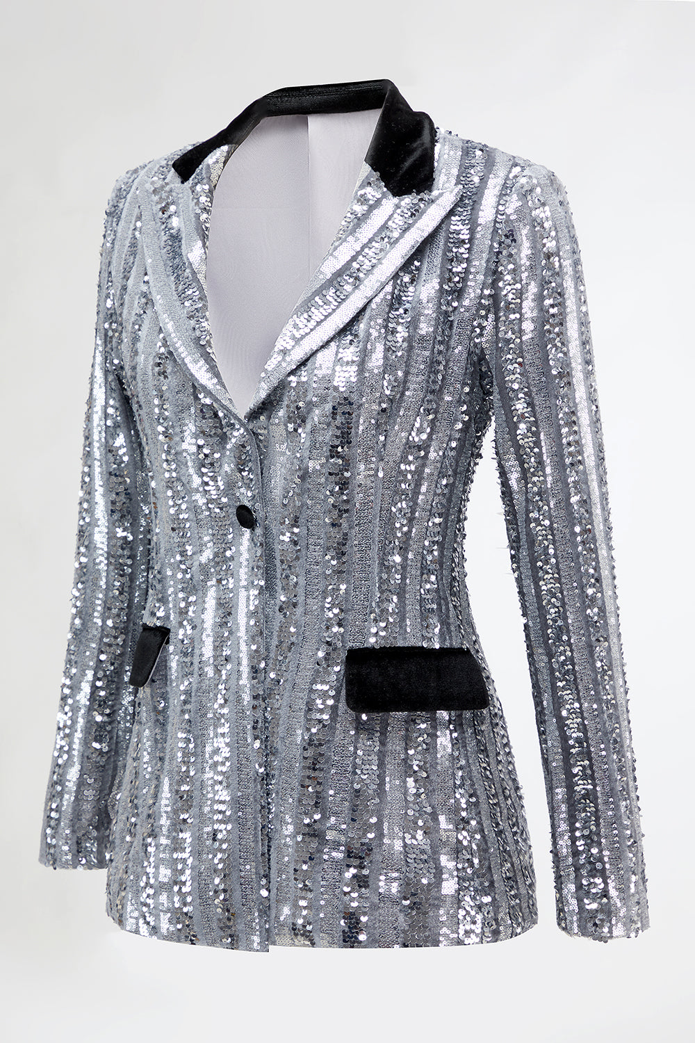 Sparkly Sequin Silver 2 Piece Peak Lapel Women Prom Suits