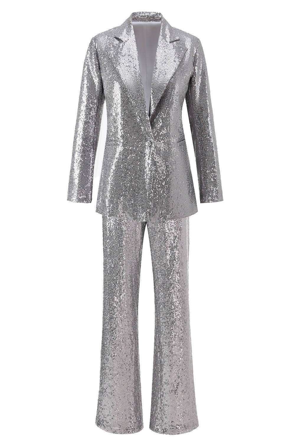 Sparkly Silver 2 Piece Notched Lapel Sequin Women Prom Suits