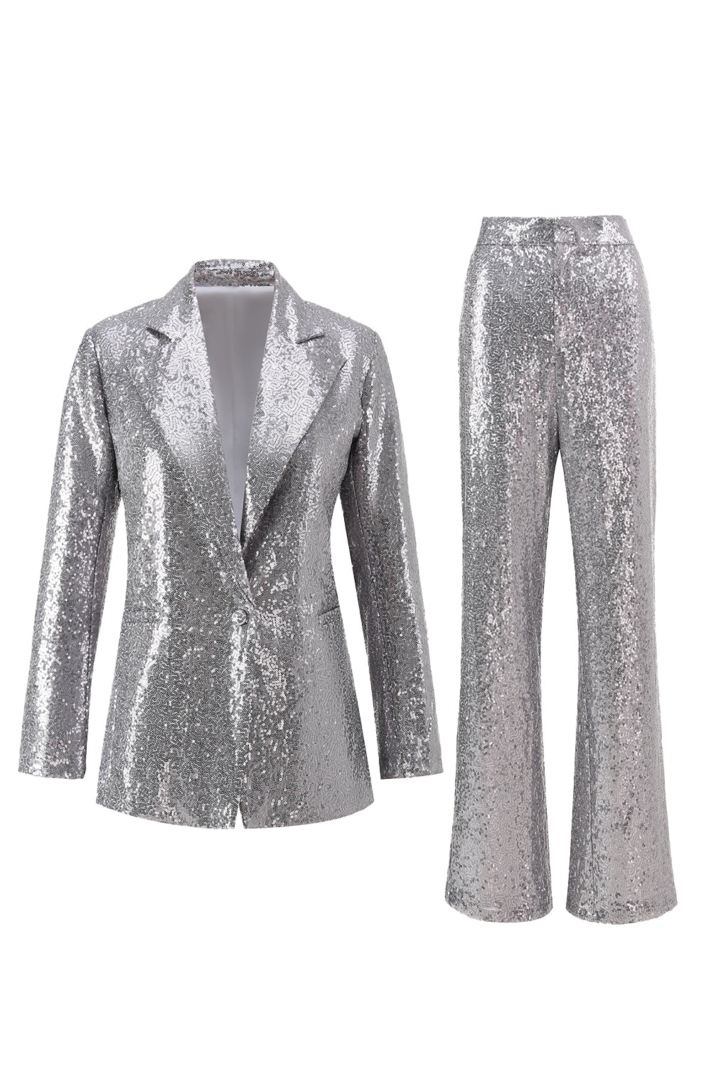 Sparkly Silver 2 Piece Notched Lapel Sequin Women Prom Suits